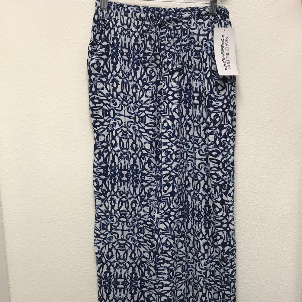 New Direction NWT Blue White Loose Straight Leg Casual Pull Up Pants Beach Look